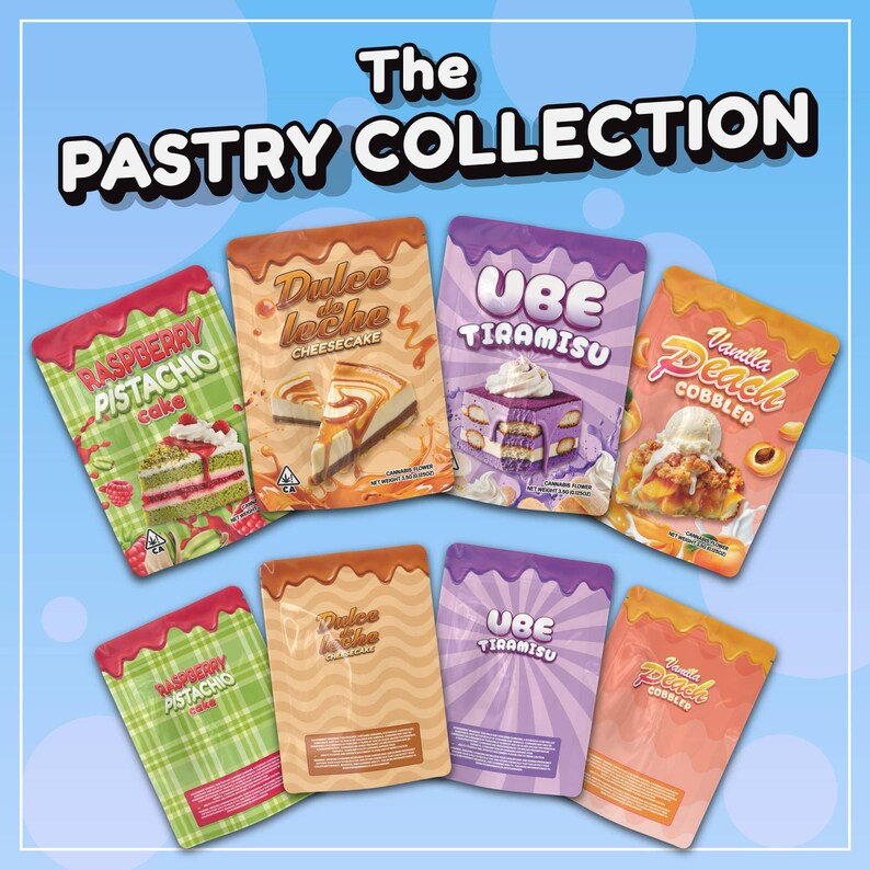 May include: A collection of eight colorful pouches with different pastry designs. The pouches feature images of raspberry pistachio cake, dulce de leche cheesecake, ube tiramisu, and vanilla peach cobbler.