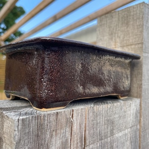 May include: A rectangular, dark brown ceramic bonsai pot with a textured surface. The pot has a slightly flared rim and sits on four small feet. Ideal for small plants and succulents.