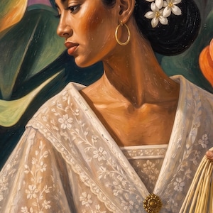 May include: An oil painting of a person with dark hair styled in a bun adorned with white flowers. They wear a white lace blouse with floral embroidery, a gold hoop earring, and a gold brooch. The background features large green leaves.