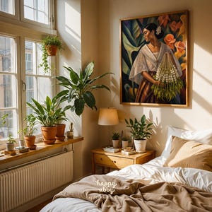 May include: A bedroom interior featuring a large framed painting of a person in traditional attire holding a bouquet of white flowers. The room includes a wooden nightstand with a lamp, a bed with tan bedding, and a window sill filled with potted plants.