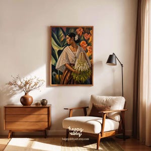May include: A framed wall art print featuring a painting of a person wearing a white lace-trimmed blouse and a patterned skirt, holding a large bouquet of white flowers against a backdrop of green leaves and orange blossoms, with the text happy abby.