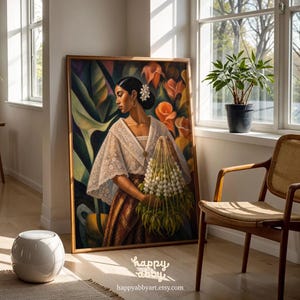 May include: A framed painting depicting a person with dark hair styled in a bun with white flowers, wearing a white lace top and a brown patterned skirt, holding a cluster of white flowers against a background of large green leaves and orange lilies.
