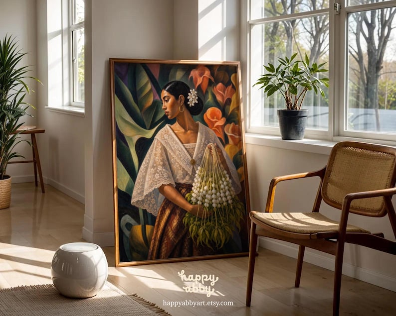 May include: A framed painting depicting a person with dark hair styled in a bun with white flowers, wearing a white lace top and a brown patterned skirt, holding a cluster of white flowers against a background of large green leaves and orange lilies.