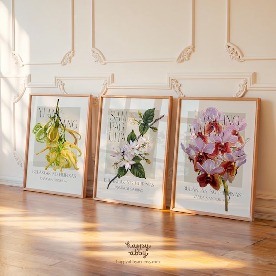 Filipino Flower Wall Art Set of 3 – Sampaguita Ylang-Ylang Waling-Waling | Philippines Art | Filipino Gift | Digital Download