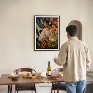 May include: A framed wall art print depicting a person wearing a white lace blouse and a brown skirt, holding a large bundle of white flowers. The artwork features a vibrant background of orange flowers and green leaves, displayed in a black frame.