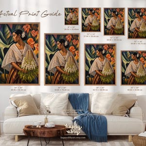 May include: A wall art print guide displaying a painting of a person in a white lace top holding a bouquet of white flowers, available in sizes ranging from 8 by 10 inches to 24 by 36 inches, shown hanging above a white couch in a living room setting.