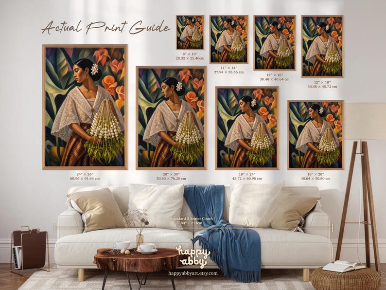 May include: A wall art print guide displaying a painting of a person in a white lace top holding a bouquet of white flowers, available in sizes ranging from 8 by 10 inches to 24 by 36 inches, shown hanging above a white couch in a living room setting.