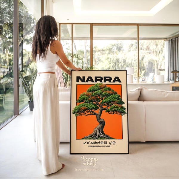 Narra Tree Wall Art Print, Filipino National Tree, Baybayin Typography, Vintage Botanical Decor