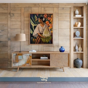 May include: A rectangular wall art print featuring a painting of a person wearing a white lace shawl and a brown skirt, holding a bundle of white flowers against a background of large green leaves and orange blossoms, framed in a light wood border.