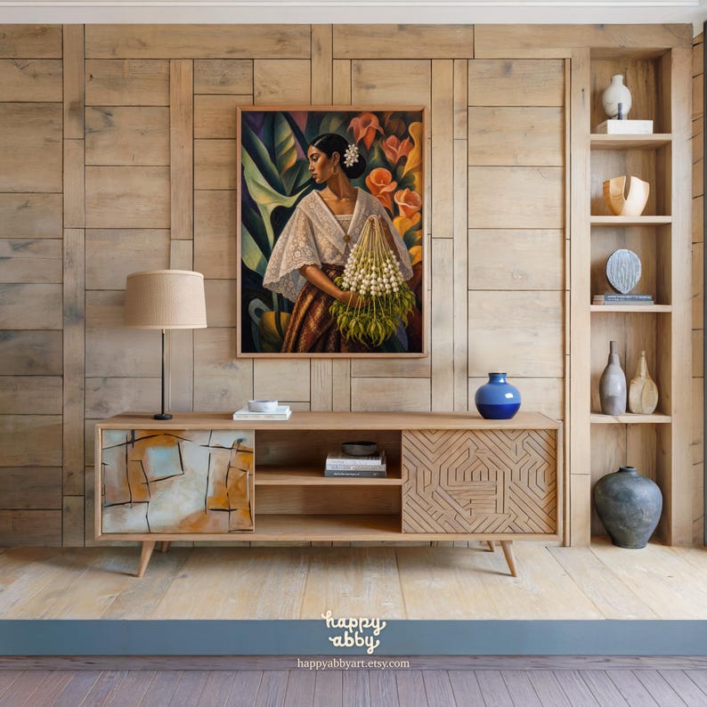 May include: A rectangular wall art print featuring a painting of a person wearing a white lace shawl and a brown skirt, holding a bundle of white flowers against a background of large green leaves and orange blossoms, framed in a light wood border.