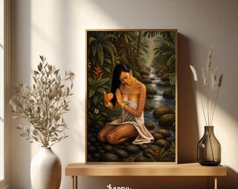 May include: A framed vertical wall art print depicting a person with intricate skin patterns kneeling by a flowing jungle stream. The person wears a white cloth wrap and gold jewelry. The text 'happy abby' appears at the bottom of the image.