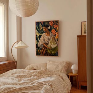 May include: A rectangular wall art print featuring a painting of a person wearing a white lace blouse and a brown patterned skirt, holding a large bouquet of white flowers against a background of green leaves and orange flowers, with the text happy abby.