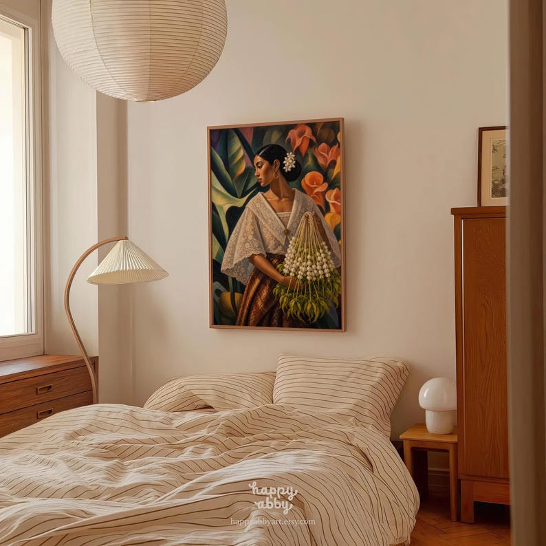 May include: A rectangular wall art print featuring a painting of a person wearing a white lace blouse and a brown patterned skirt, holding a large bouquet of white flowers against a background of green leaves and orange flowers, with the text happy abby.
