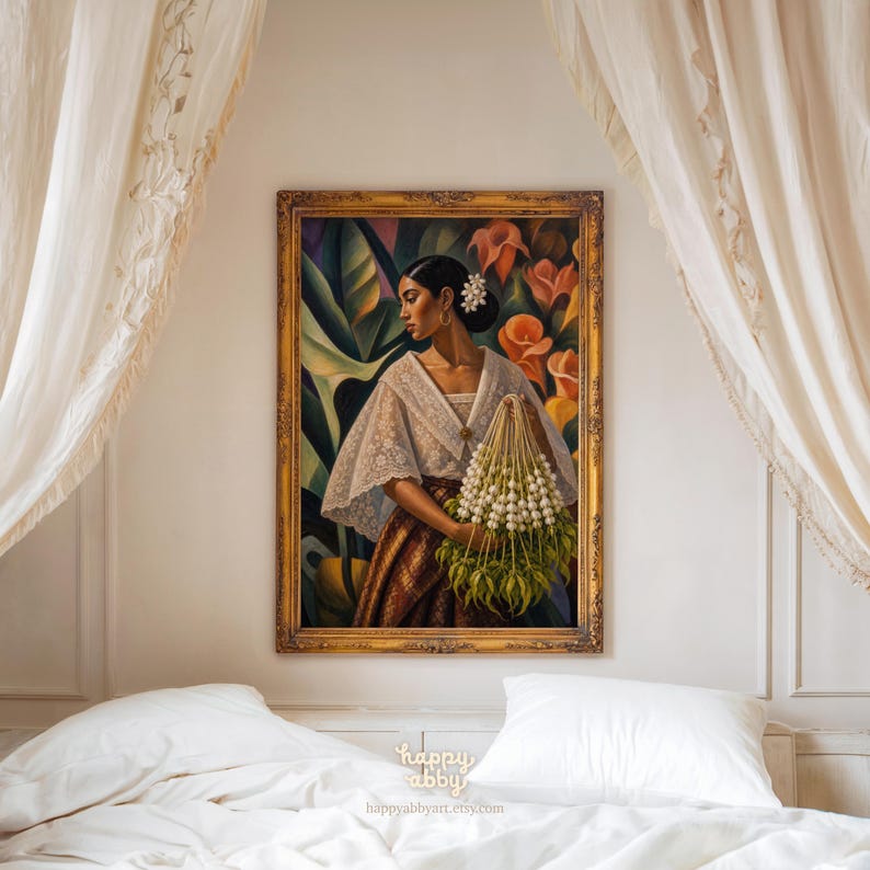 May include: A framed oil painting depicting a person with dark hair adorned with white flowers, wearing a white lace blouse and a brown patterned skirt, holding a large bunch of white flowers against a background of green leaves and orange flowers.
