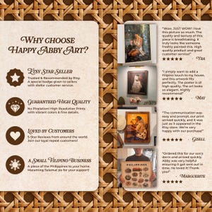 May include: A promotional graphic for Happy Abby Art featuring a list of business benefits including Etsy Star Seller status, high-quality prints, customer reviews, and Filipino heritage, alongside four customer photos of framed art prints.