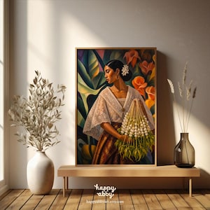 May include: A framed vertical art print depicting a person with dark hair adorned with white flowers, wearing a white lace-trimmed blouse and a brown patterned skirt, holding a bundle of white flowers against a backdrop of large green leaves.