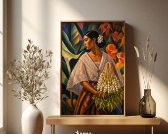 Plakat ścienny z Filipiną Sampaguita Woman | Sztuka Filipin | Plakat z portretem Filipiniana Maria Clara | Prezent filipiński | Wydruk fizyczny