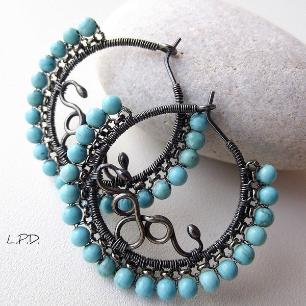 Sterling Silver Hoop earrings With Turquoise Beads.