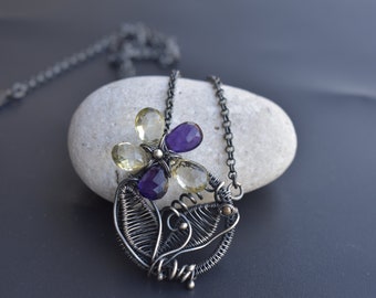 Necklace and Earrings Set With Amethyst and Quartz.