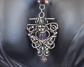 Sterling Silver Necklace With Amethyst Green Onyx Sunstone Red Garnet