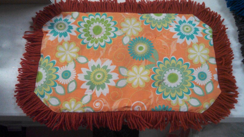 Kitty Catnip Crinkle Mat Toy Flower print with lime green or rusty orange fringe image 1