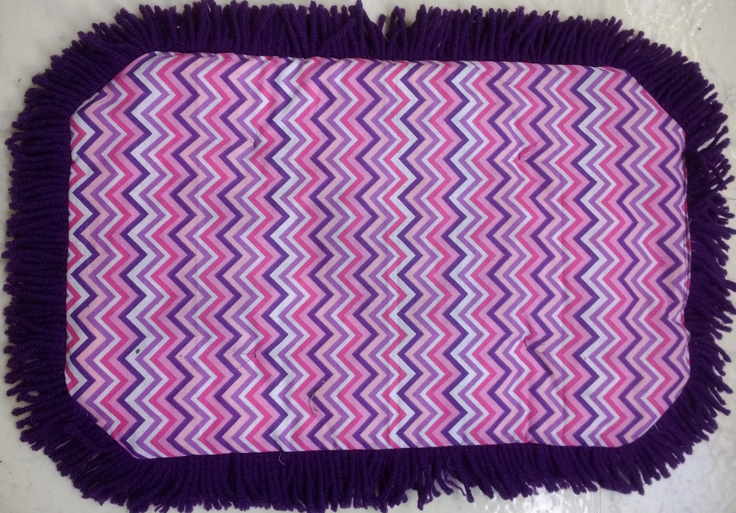 Festive Pink, White, Pink and Purple zig zag Catnip Mat Crinkle Toy Bed, pillow for Play and Sleep! Trimmed w/deep Purple Fringe Ferrets too