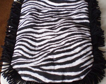 Catnip Cat Crinkle Exercise Mat Play Toy Recycled Zebra Striped print with black fringe