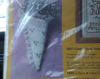 Creative Circle Lilacs and Lace Cornucopia Cross Stitch,  Stitchery Kit - 1986, New in Package