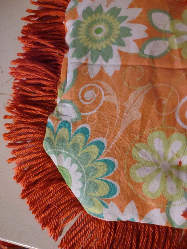 Kitty Catnip Crinkle Mat Toy Flower print with lime green or rusty orange fringe image 2
