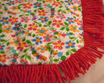 Caterpillar bug and flower print Catnip Crinkle Mat  Toy Pillow Bed, multi color, with choice of fringe color