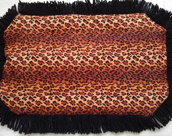 Catnip Crinkle Mat Pillow Bed Toy Variegated bands of dark and light rusty orange behind  Leopard print w/Black fringe, for Cats and Ferrets