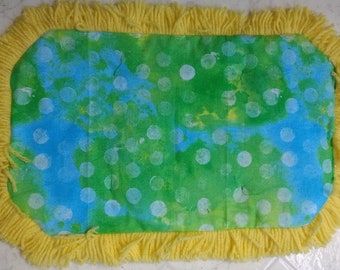 Catnip Crinkle Mat Toy Bed, Lovely Tri Color Lime Green, Yellow, Blue abstract Print w/white circles.. for cats and ferrets Recycled/UpCycle