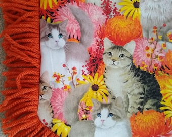 Catnip Crinkle Mat Toy Bed Pillow &quot;Cats, Daisy&#39;s and Mums oh my&quot; :)  with Orange fringe, for cats and ferrets Recycled