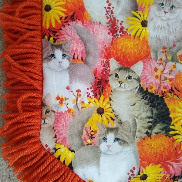 Catnip Crinkle Mat Toy Bed Pillow "Cats, Daisy's and Mums oh my" :)  with Orange fringe, for cats and ferrets Recycled