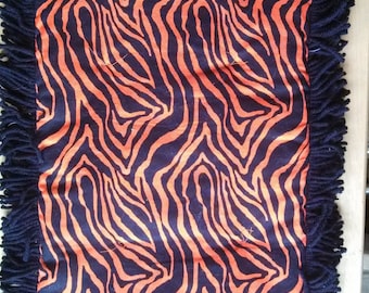 Catnip Crinkle Mat Orange  Tiger Print Pattern  Toy Bed w Black Fringe Recycled/upcycled