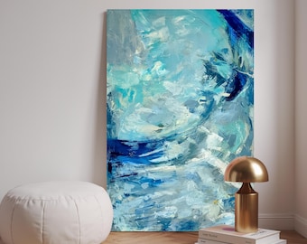 Large Abstract Ocean Wave Oil Painting: Sunlit Coastal Wall Art