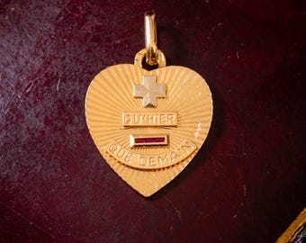 Vintage Qu'Hier Que Demain 18ct Gold French Love Heart Ruby Augis Pendant.
