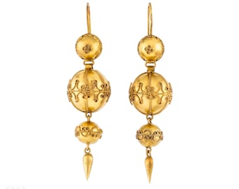 Victorian Etruscan Revival Earrings, 15ct Gold Cannetille Sphere Drops.