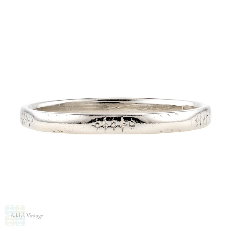Engraved Vintage 1940s Narrow Ring Size O 7.25. Platinum Faceted Wedding Band