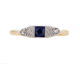 French Cut Sapphire & Rose Cut Diamond Three Stone Art Deco 18ct Ring.