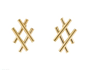 Hashtag Design 14k Yellow Gold Earrings, Large Stylish Hallow Bar 14ct Stud Earrings.