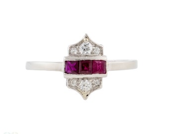 Art Deco Ruby & Diamond Platinum Cluster Ring