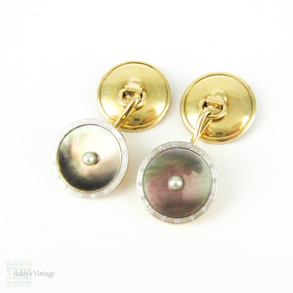 Art Deco Cufflinks, Abalone with Cultured Seed Pearls in Engraved Platinum & 14 Carat Yellow Gold, Circa 1930s.