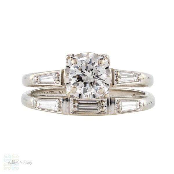 Vintage Round & Baguette Diamond Engagement and Wedding Ring Set. 1940s Locking Bands.