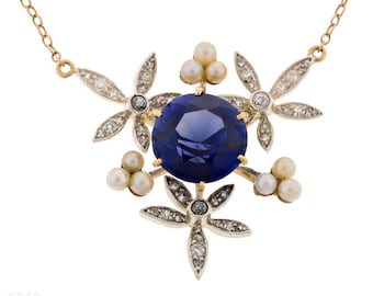 Antique 9ct & Silver Star Necklace, Synthetic Sapphire, Old Cut Diamonds Seed Pearls.