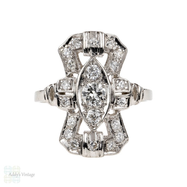 Art Deco Diamond Cocktail Ring, 900 Platinum Elongated Geometric Dinner Ring, 0,54 ctw.