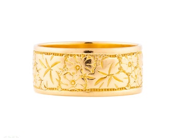 Wide Vintage 22ct Gold Floral Engraved Wedding Ring, Size Q.5 / 8.5
