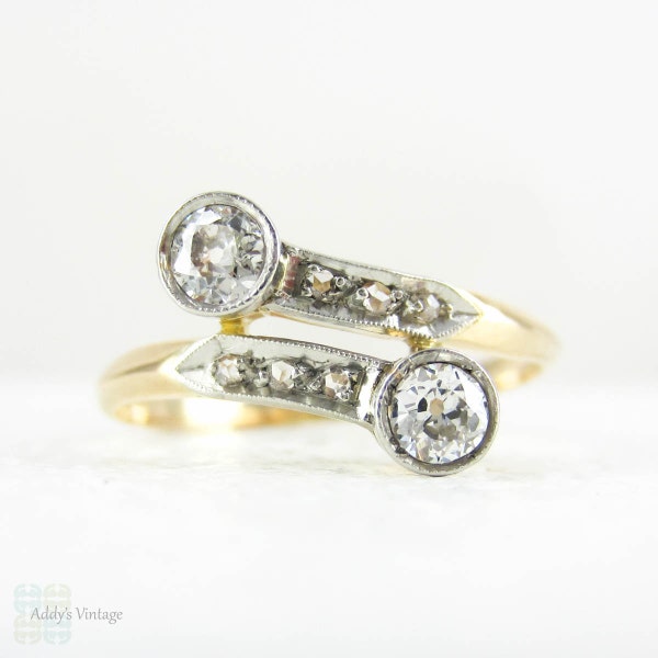 RESERVED. Art Deco Diamond Crossover Ring, Bypass Style Old European & Rose Cut Diamond Dress Ring in 18 Carat Gold, Platinum, Circa 1920s.