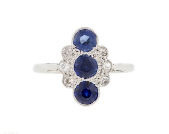 Sapphire & Diamond Art Deco Panel Ring, 18ct White Gold and Platinum.