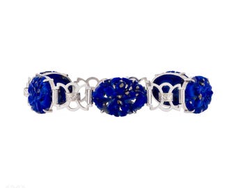 Vintage Carved Lapis Lazuli 9ct White Gold Bracelet